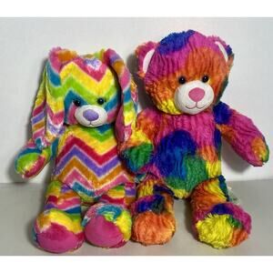 Build A Bear Teddy & Bunny Rainbow Tie Dye Plush 17" Stuffed Animals 2013/2014